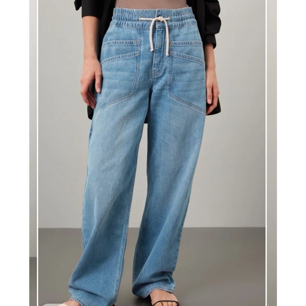 Ba & Sh Women's Blue Mima High Rise Wide Leg Pants Elastic Waist Size 38 / US M